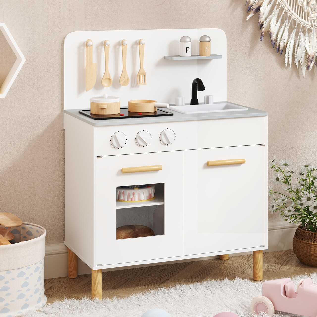 Plastic Kids Kitchen Playset with Cooking Accessories and Storage Compartments